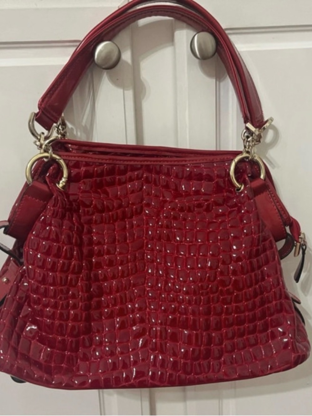 Glossy Red Croc-Embossed Shoulder Bag with Gold Hardware